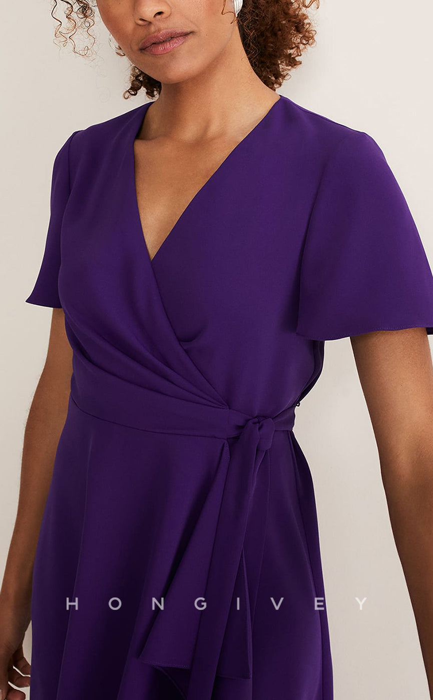 HM100 - Simple & Casual Satin V-Neck Sashes Bandage Ruffles Wedding Party Dresses - Fashionpara
