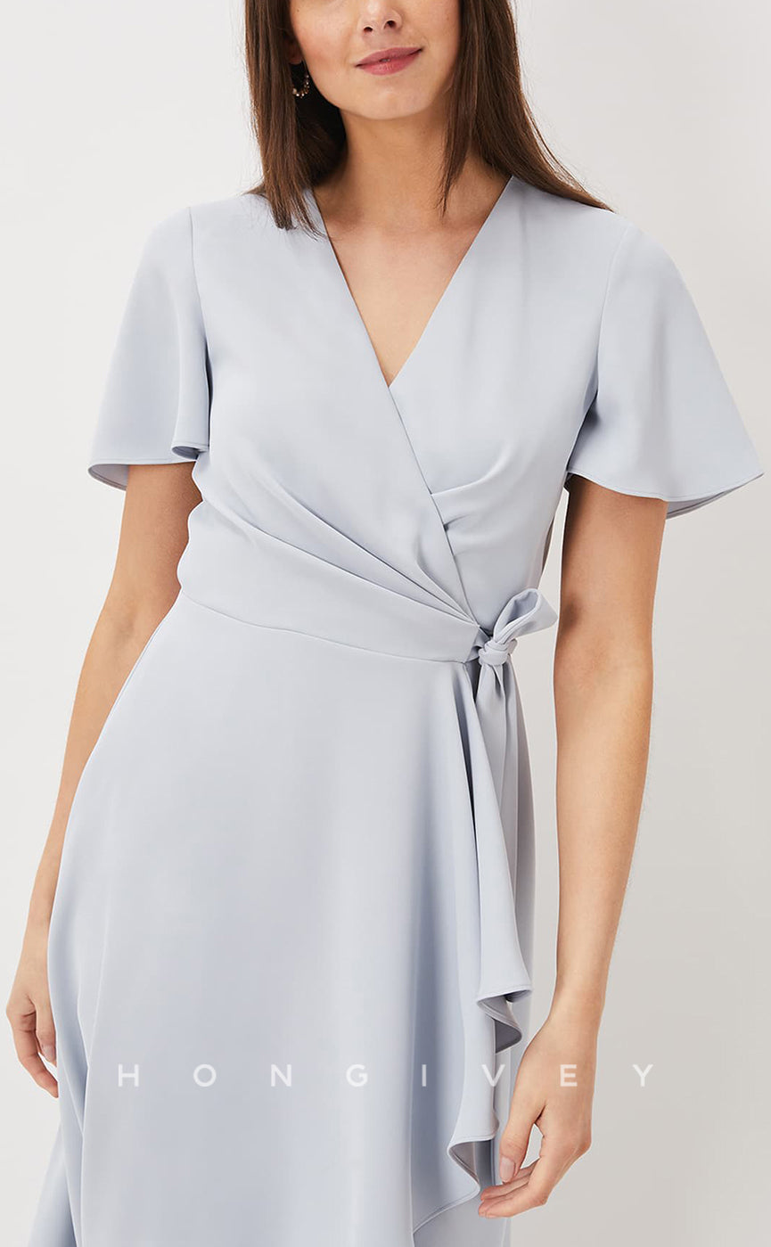 HM100 - Simple & Casual Satin V-Neck Sashes Bandage Ruffles Wedding Party Dresses - Fashionpara
