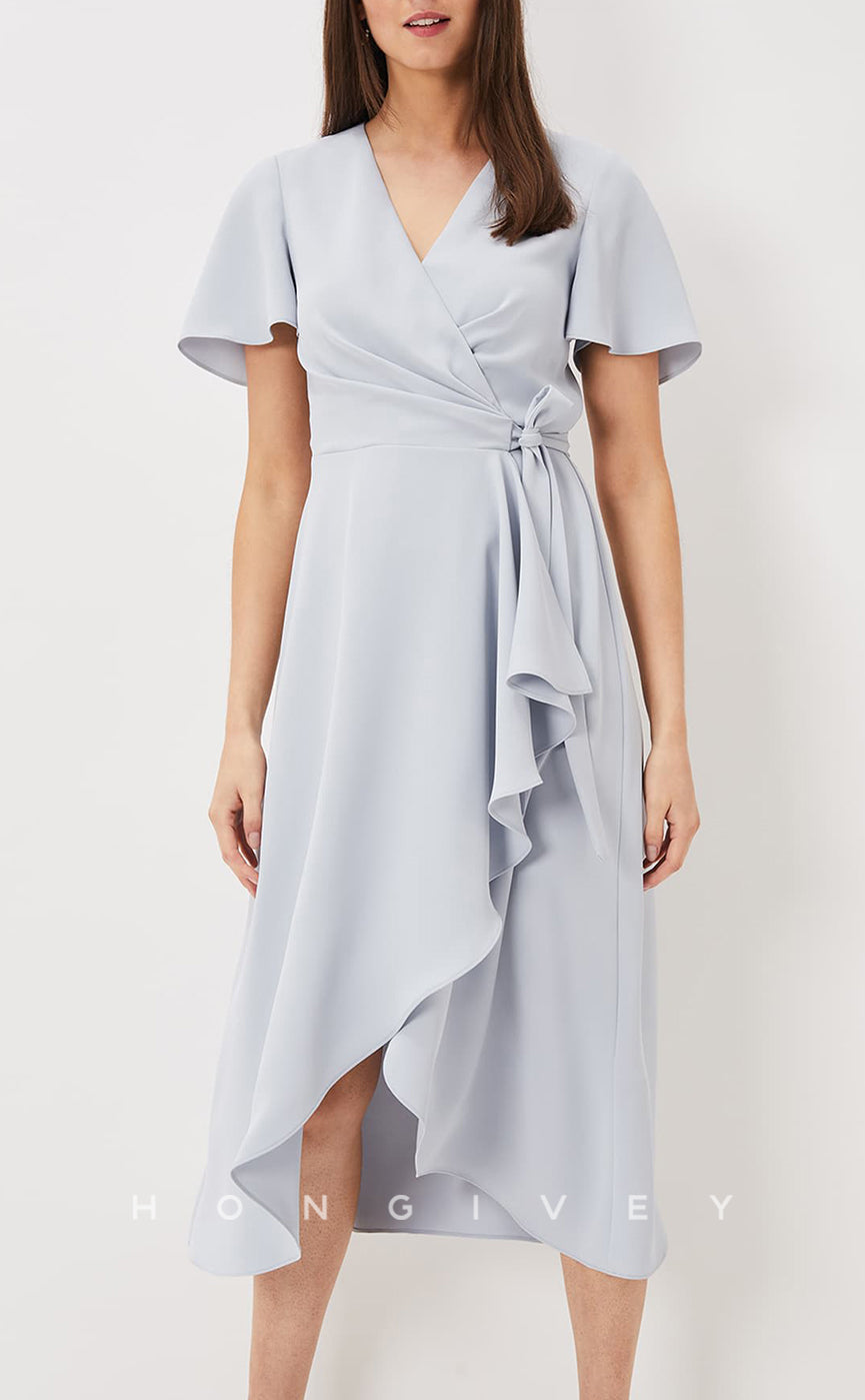 HM100 - Simple & Casual Satin V-Neck Sashes Bandage Ruffles Wedding Party Dresses - Fashionpara