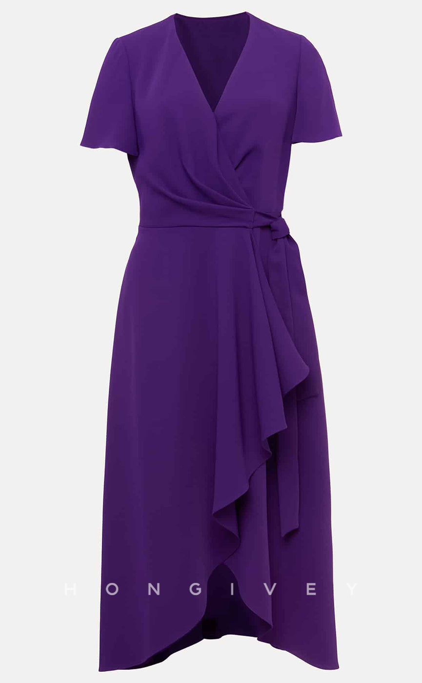 HM100 - Simple & Casual Satin V-Neck Sashes Bandage Ruffles Wedding Party Dresses - Fashionpara