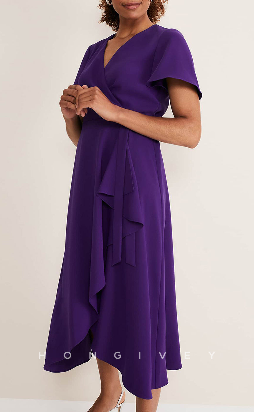 HM100 - Simple & Casual Satin V-Neck Sashes Bandage Ruffles Wedding Party Dresses - Fashionpara