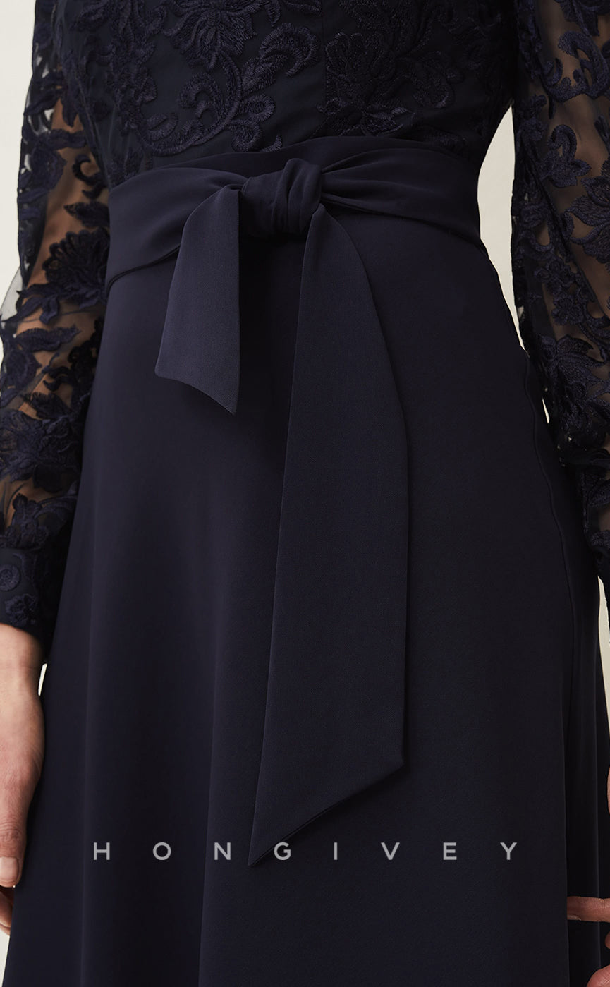 HM101 - Classic & Timeless Black Round Long Sleeves Illusion Sashes Wedding Party Dresses - Fashionpara