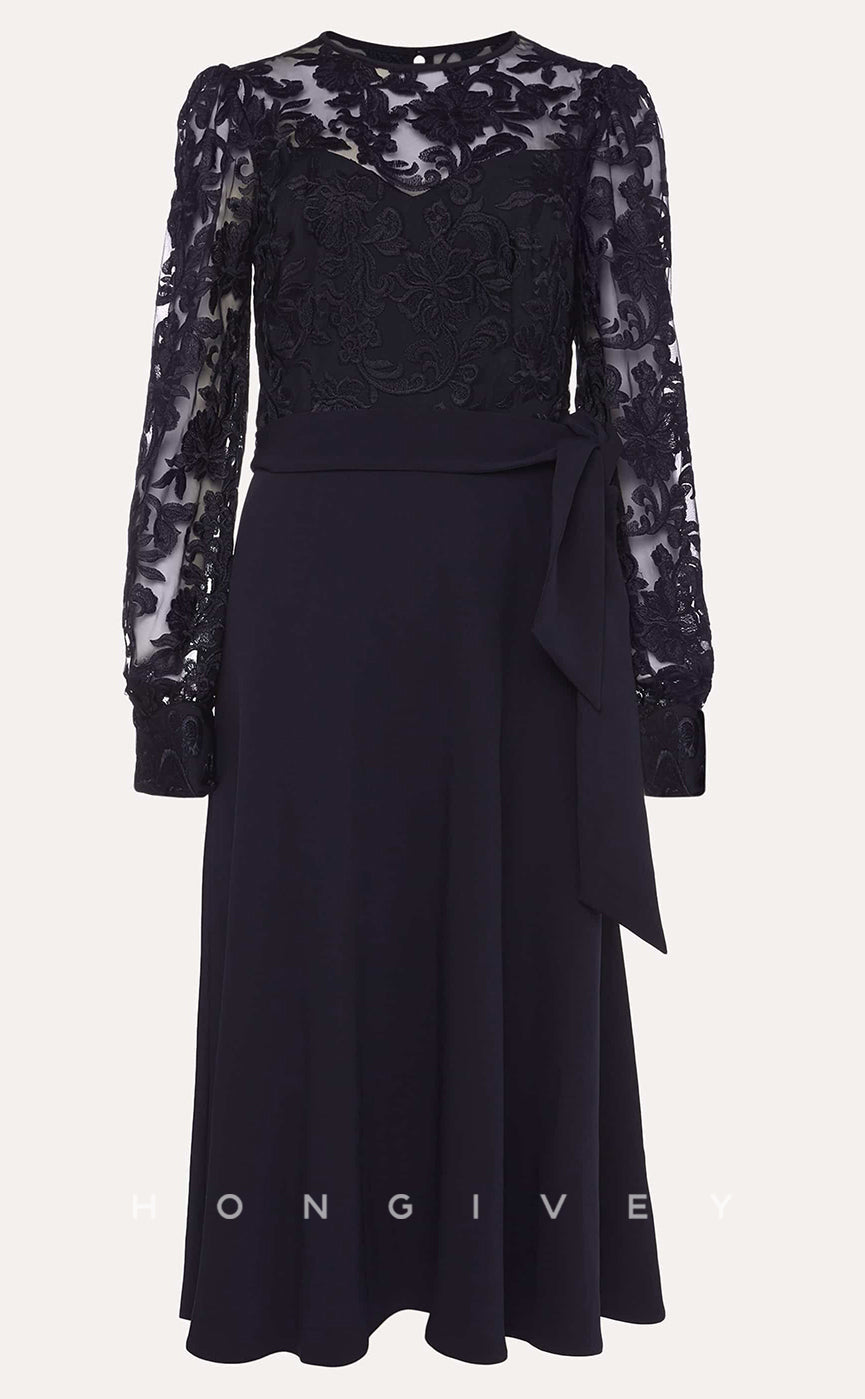 HM101 - Classic & Timeless Black Round Long Sleeves Illusion Sashes Wedding Party Dresses - Fashionpara
