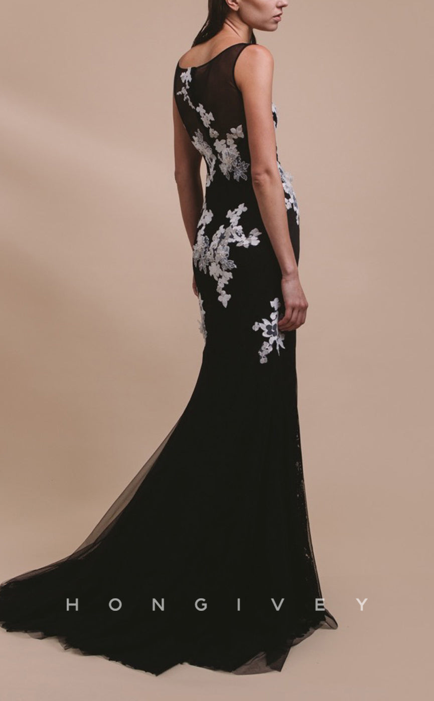 HM114 - Chic & Modern Black Illusion With Train Scoop Sleeveless Appliques Wedding Party Dresses - Fashionpara