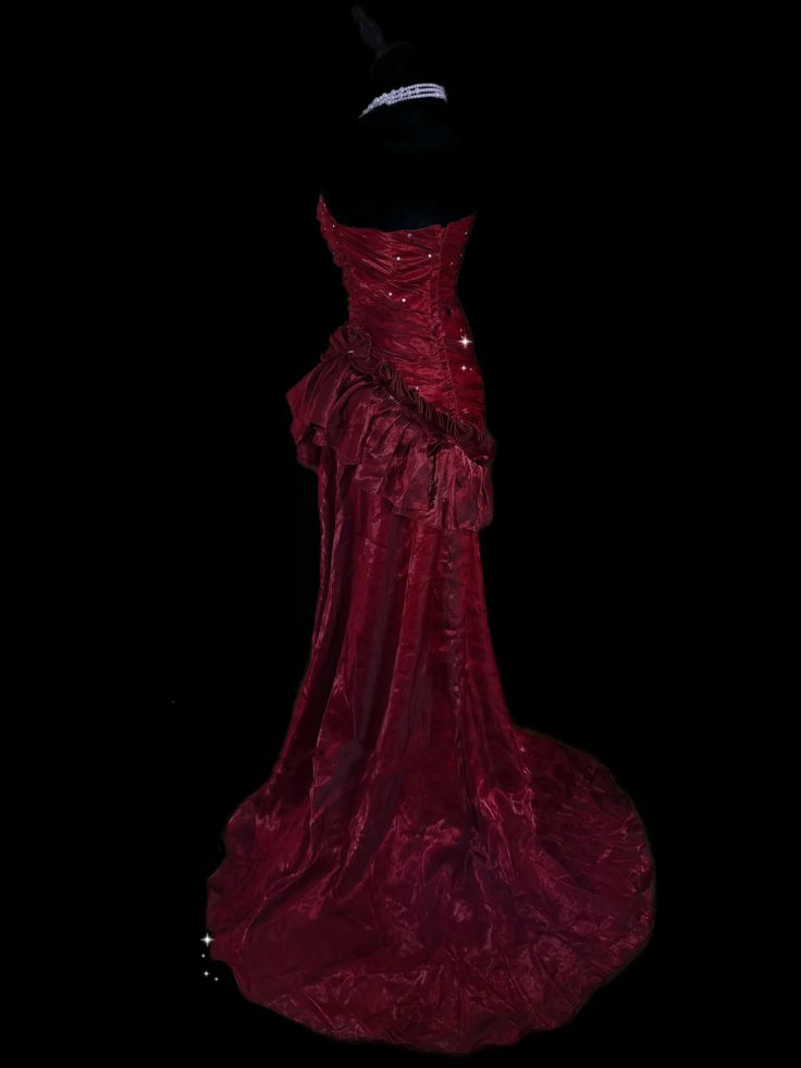 Elegant Burgundy Strapless Satin Pleated Ruffle Mermaid Evening Dress Long Prom Gown D1394