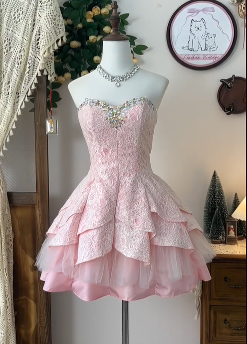 Classy Pink Satin Lace Beaded Formal Homecoming Dress Strapless A Line Mini Party Dress S453