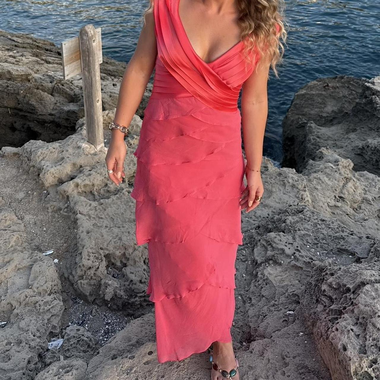 Classy V Neck Satin Chiffon Pleated Rose Pink Long Party Dress Formal Wedding Guest Dress D1053