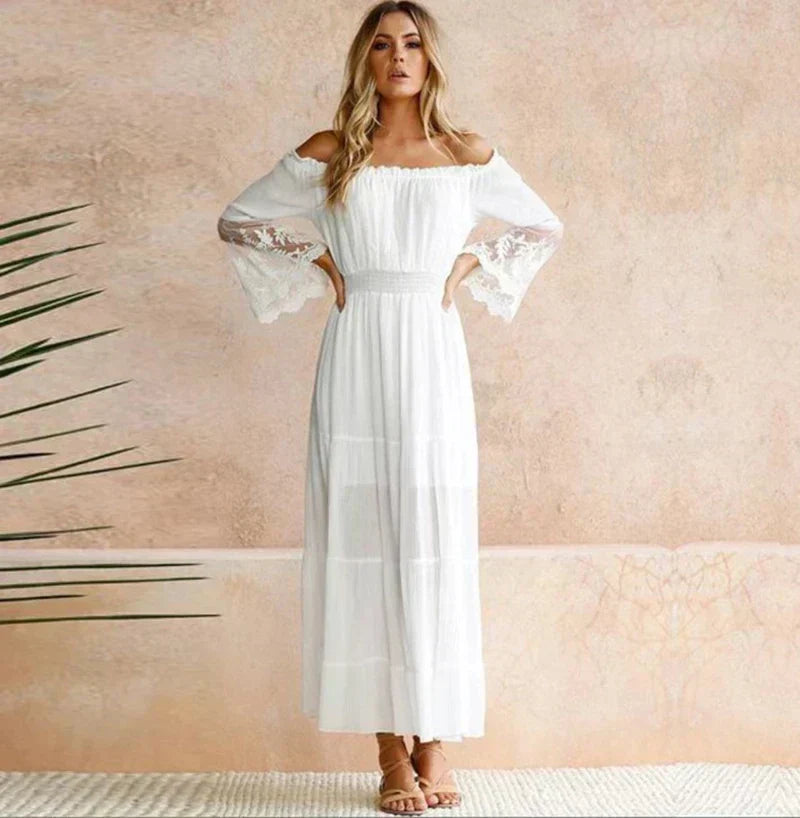 Off Shoulder Lace Insert Long Sleeve Smocked Waist Tiered Maxi Dress - View 2