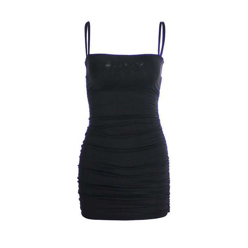 Mesh Square Neck Spaghetti Strap Ruched Bodycon Mini Dress 13