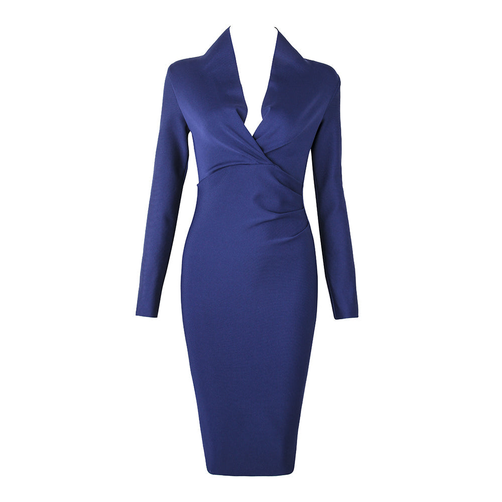 Plunge V-Neck Long Sleeve Ruched Bodycon Midi Dress