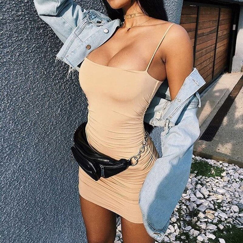 Mesh Square Neck Spaghetti Strap Ruched Bodycon Mini Dress 12