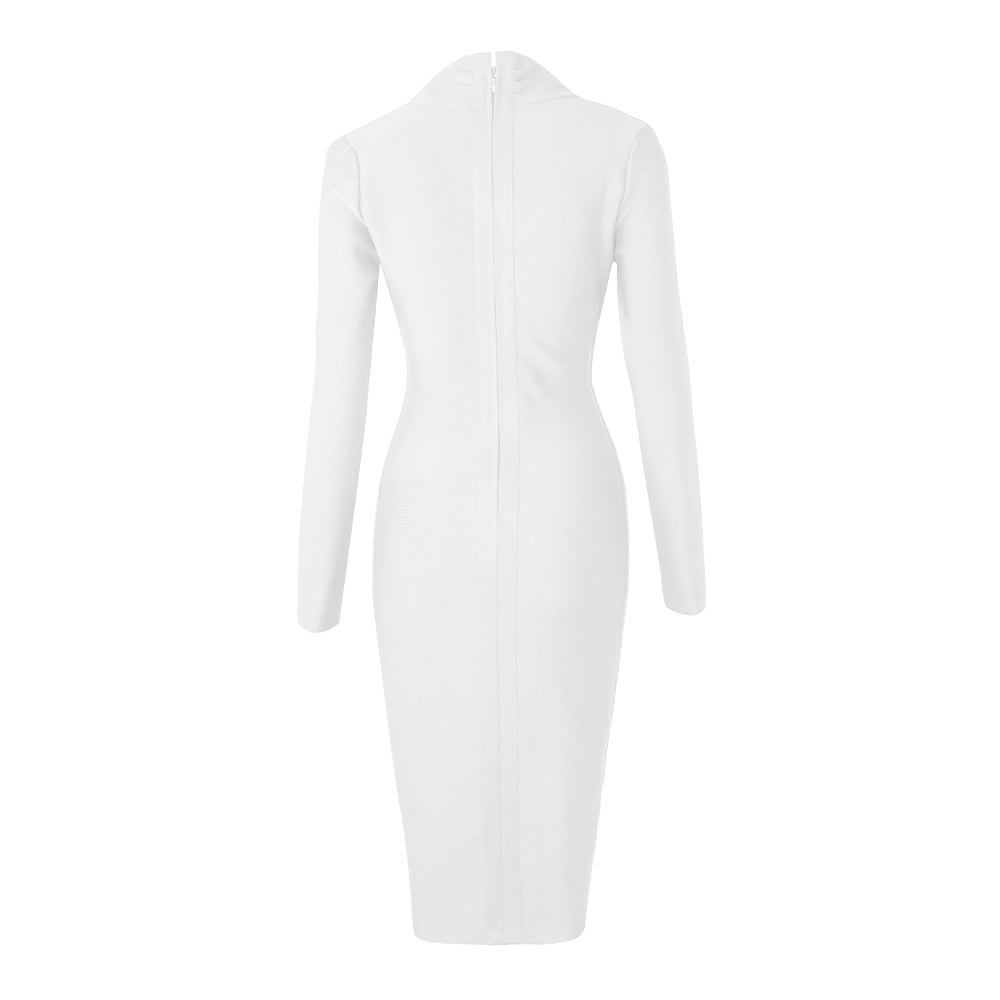 Deep V-Neck Long Sleeve Ruched Bodycon Midi Dress 19