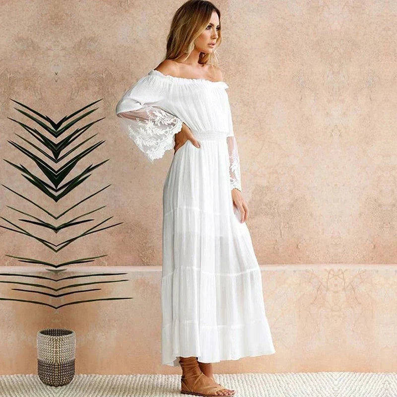 Off Shoulder Lace Insert Long Sleeve Smocked Waist Tiered Maxi Dress - View 3