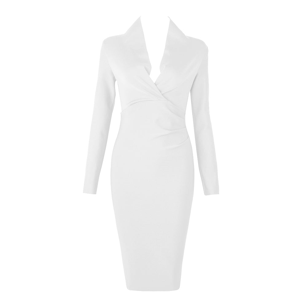 Plunge V-Neck Long Sleeve Ruched Bodycon Midi Dress