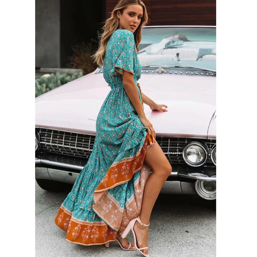 Floral Print Deep V Neck Loose Hippie Maxi Boho Dress