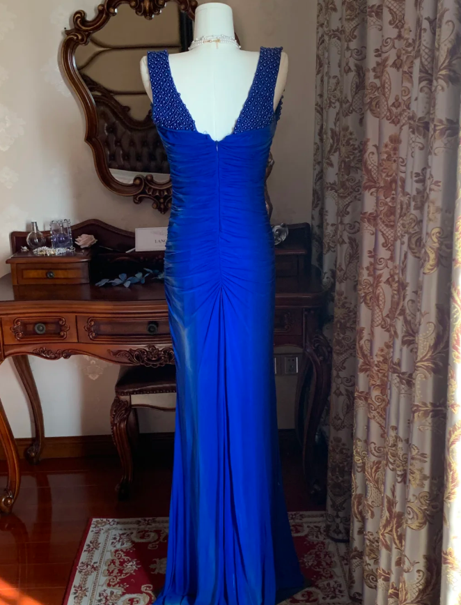 Sexy Royal Blue Tulle Pleated Beaded Mermaid Long Wedding Guest Dress Evening Dress D1716