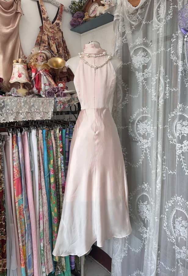 Classy Sleeveless Light Pink Chiffon Satin Mermaid Evening Dress Birthday Prom Dress D1288