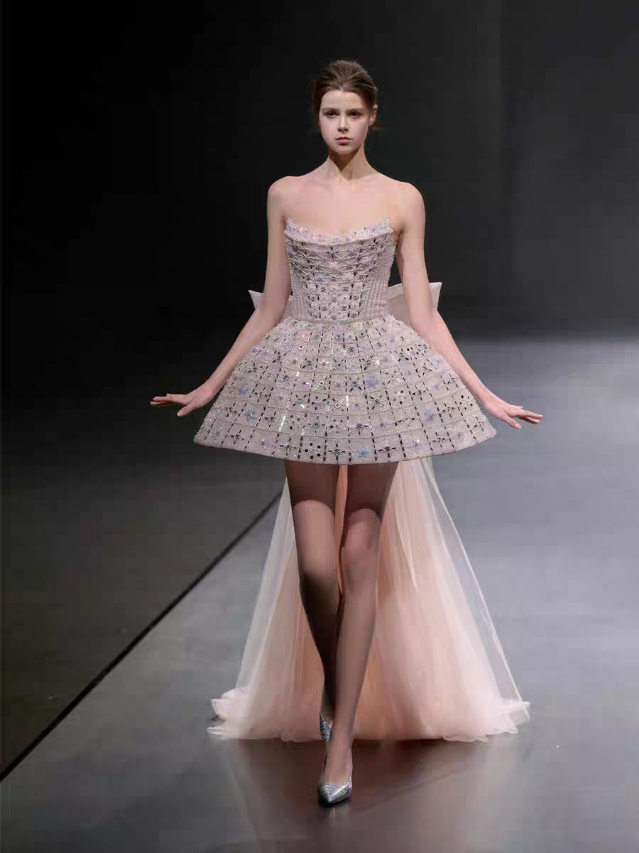 Glitter Strapless Tulle Beaded Mini Birthday Dress Pink Homecoming Dress With Bow S257