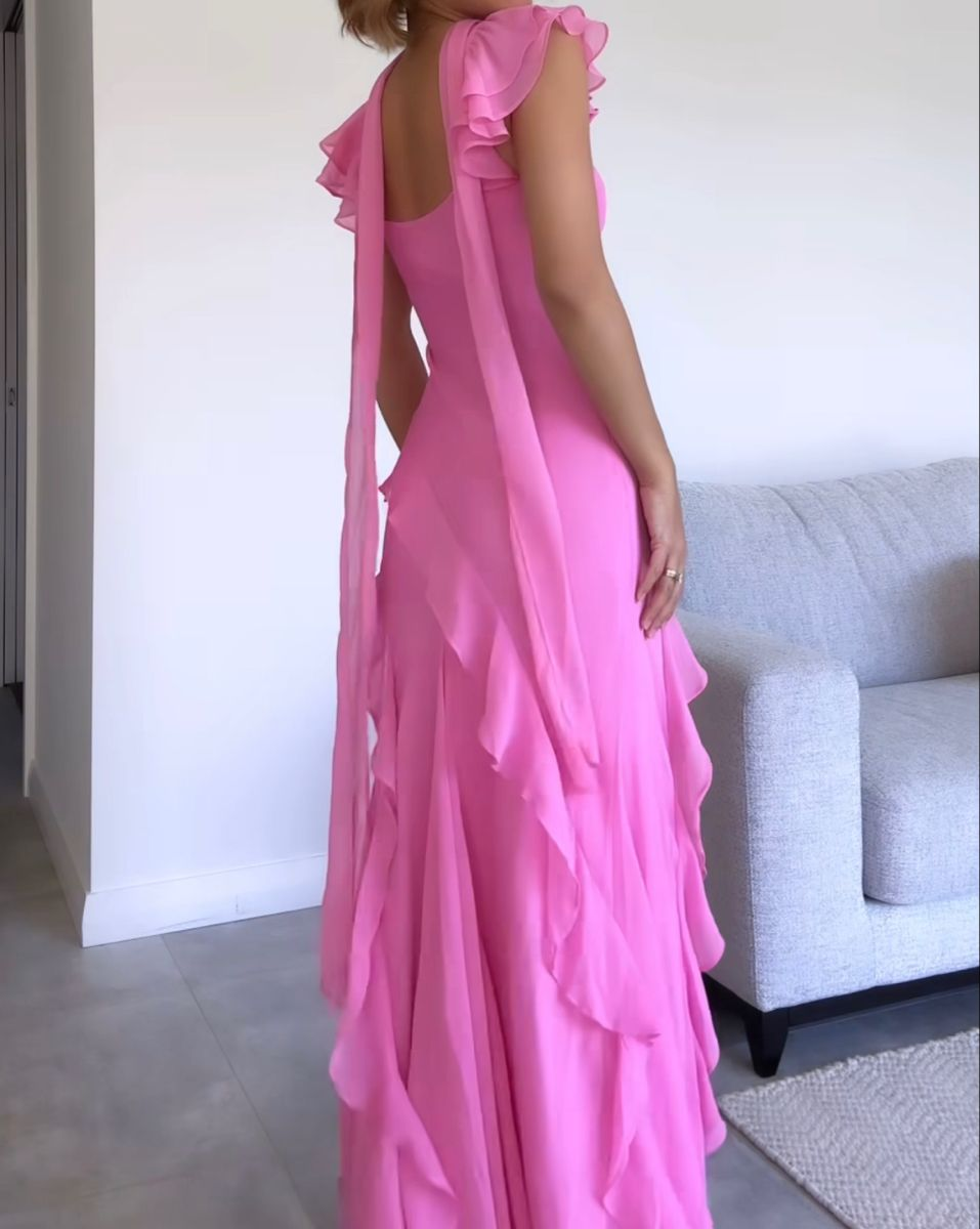 Beautiful Pink V Neck Chiffon Ruffle Mermaid Long Prom Dress Party Gown With Ribbon D860