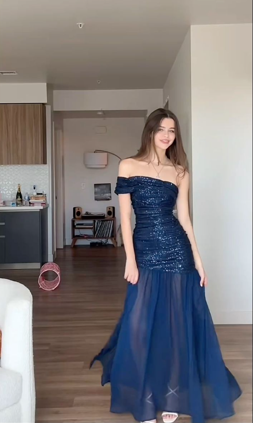 Elegant Off The Shoulder Navy Blue Sequin Chiffon Mermaid Evening Dress Long Wedding Guest Dress D1262