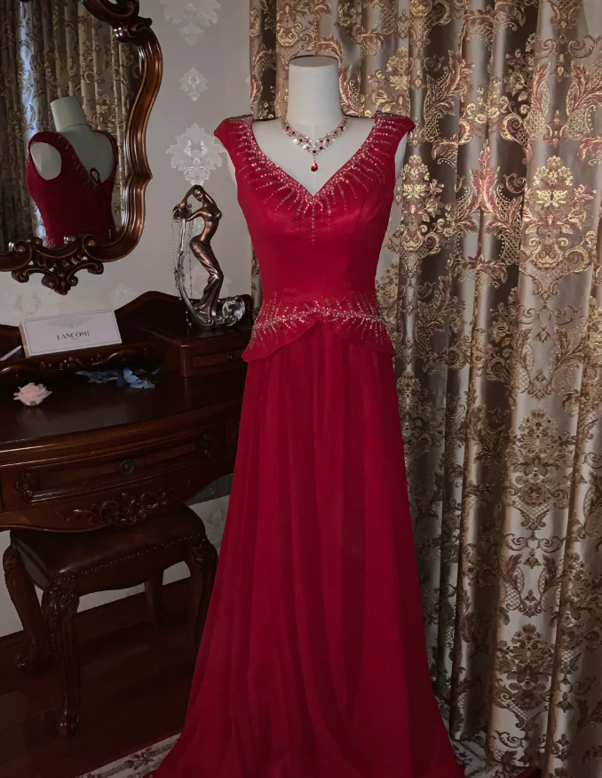 Glitter V Neck Sleeveless Satin Tulle Beaded Mermaid Long Evening Dress Party Gown D1749