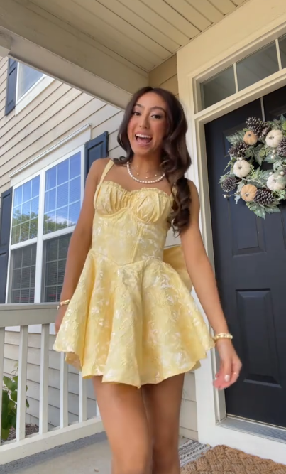 Cute Yellow Satin Print Floral A Line Short Party Dress Formal Homecoming Dress With Bow D116