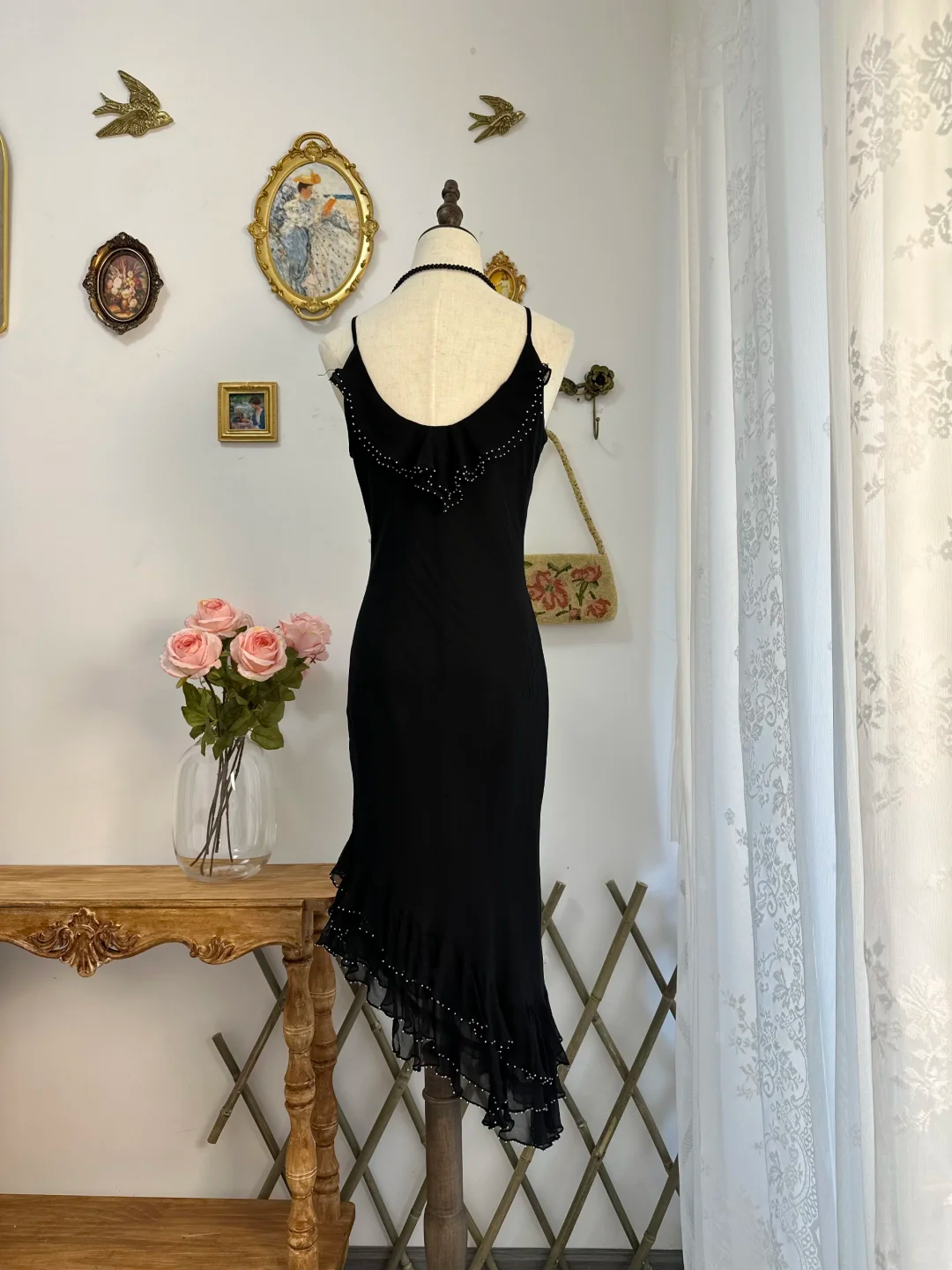 Classy Black Chiffon Beaded Appliques Long Party Gown Formal Evening Dress D560