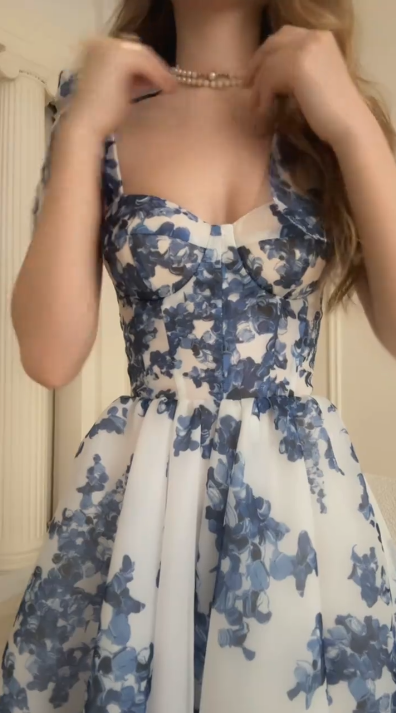 Elegant A Line Sweetheart Neck Blue Chiffon Print Floral Formal Prom Gown Long Party Dress D805