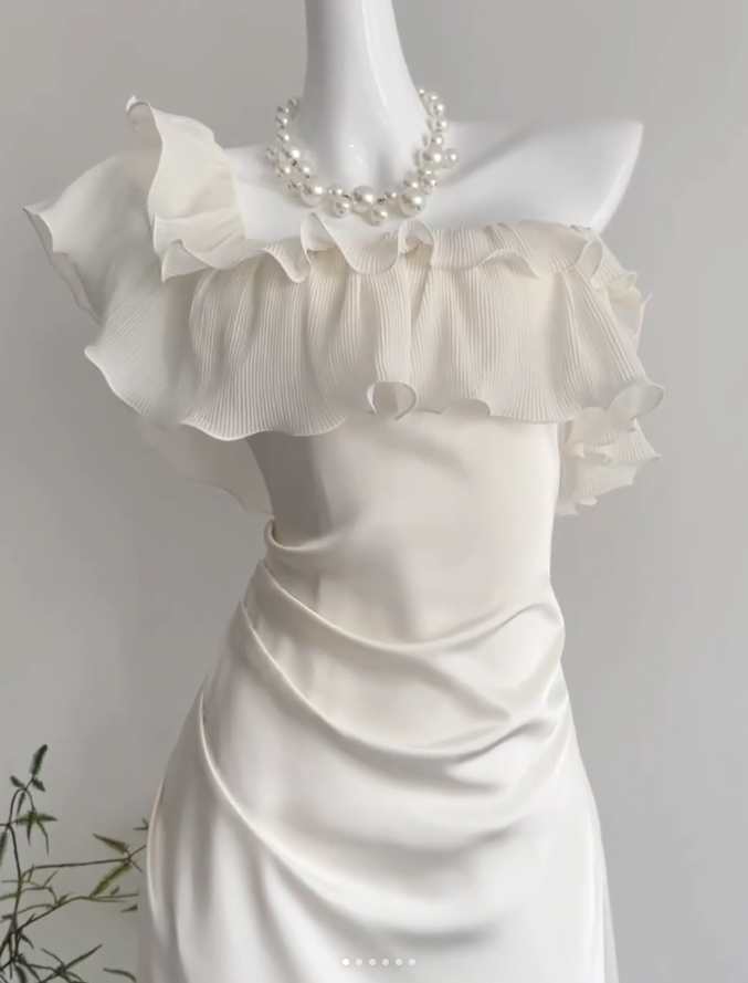 Classy Strapless White Satin Chiffon Long Prom Dress Birthday Party Dress D643