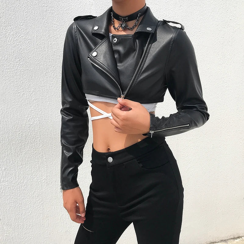 Cropped Faux Moto Zip Jacket - Fashionpara