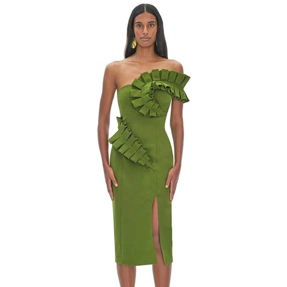 Ruffle Trim One Shoulder High Split Bodycon Midi Dress 3