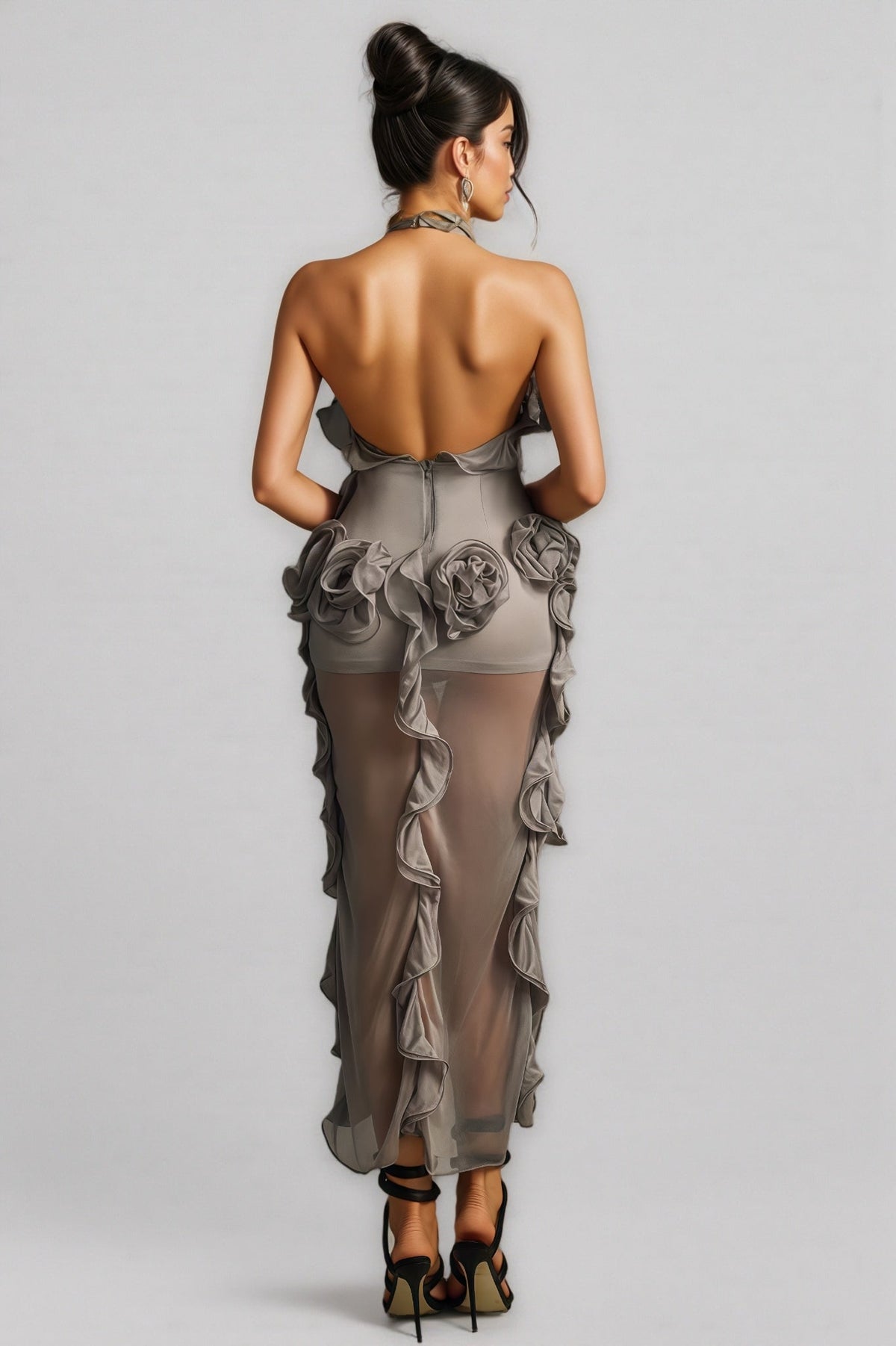 Halter Neck Rosette Ruffle Sheer Mesh High Low Mini Dress - View 5