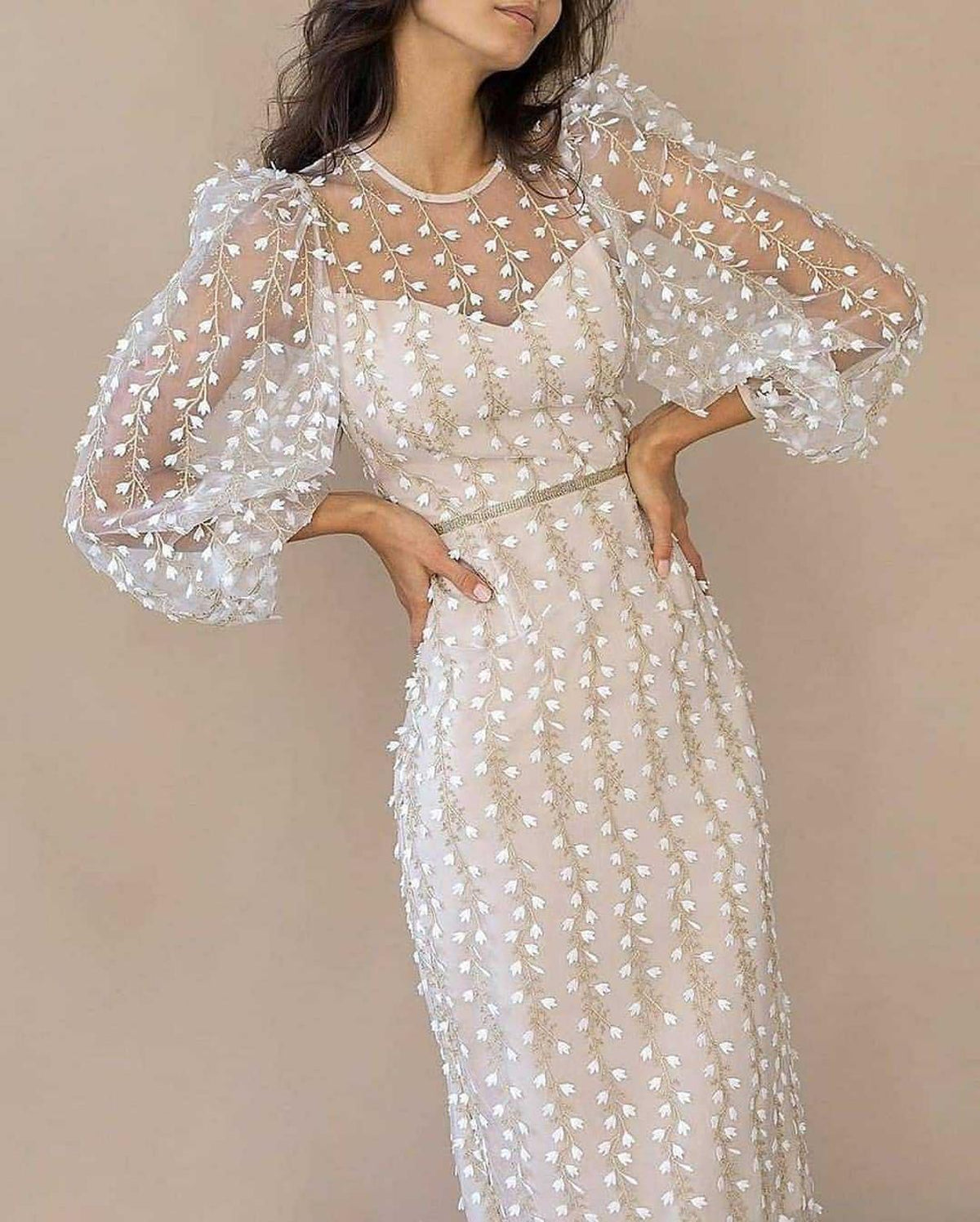 Floral Applique Puff Sleeve Belted Midi Dress
