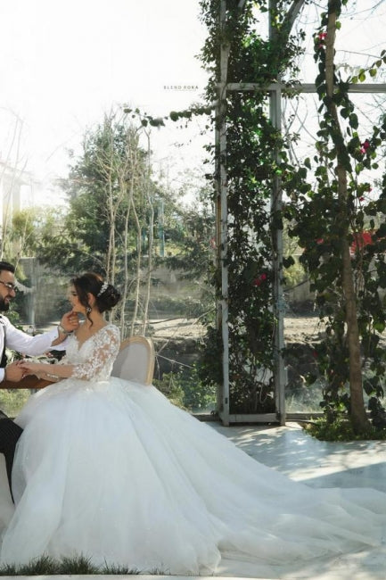 A-line Half sleeves lace V-neck Princess Wedding Dress with Appliques - Fashionpara