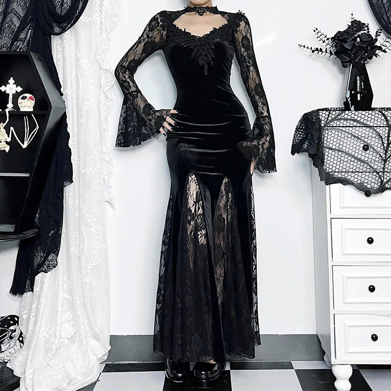 Gloomy Lace Fishtail Tiny Slim Midi Dress