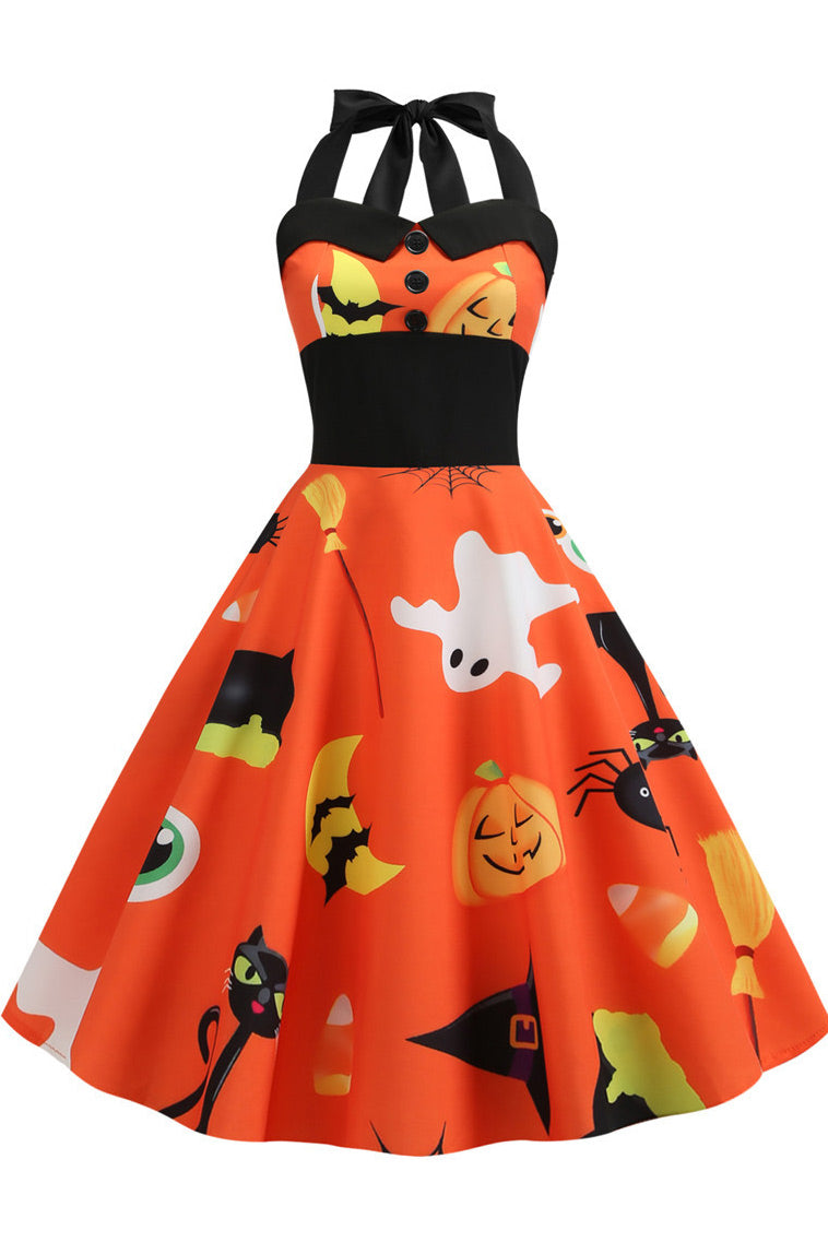 Halloween Halter Sleeveless Printed Dress - Mislish