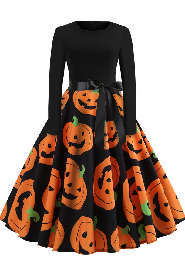 Halloween Printed Belt Vintage Dress - Mislish