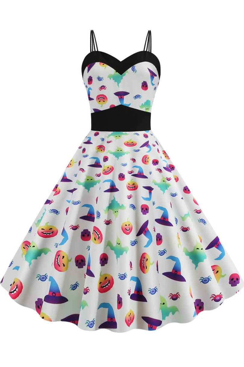 Halloween Pumpkin Print Spaghetti Straps Dress - Mislish
