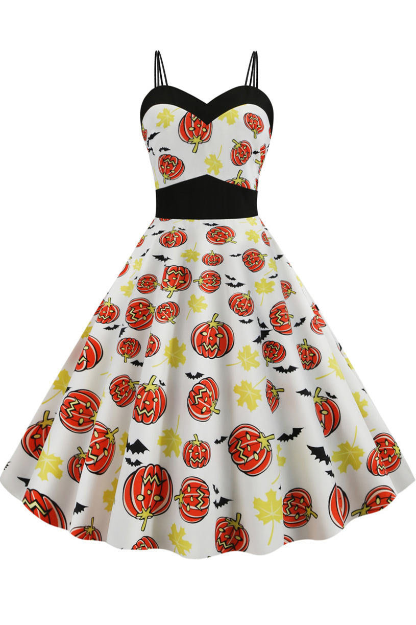 Halloween Pumpkin Print Spaghetti Straps Dress - Mislish