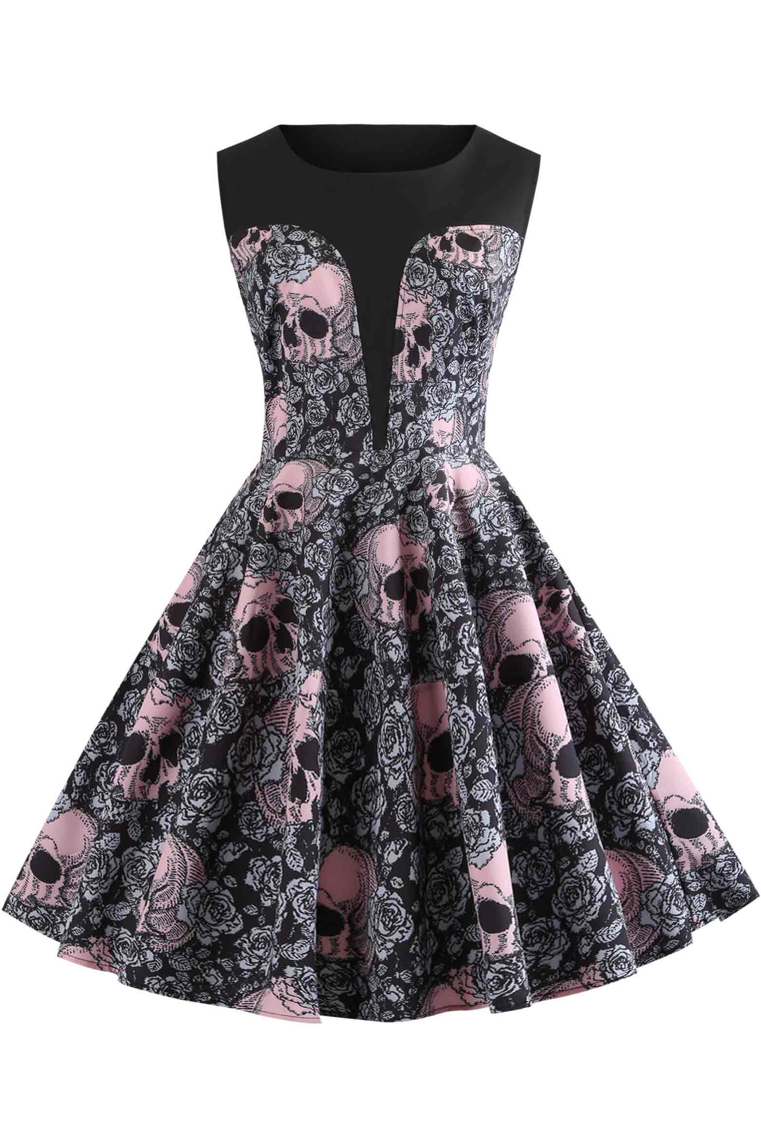 Halloween Vintage Skull Print Sleeveless Dress - Mislish