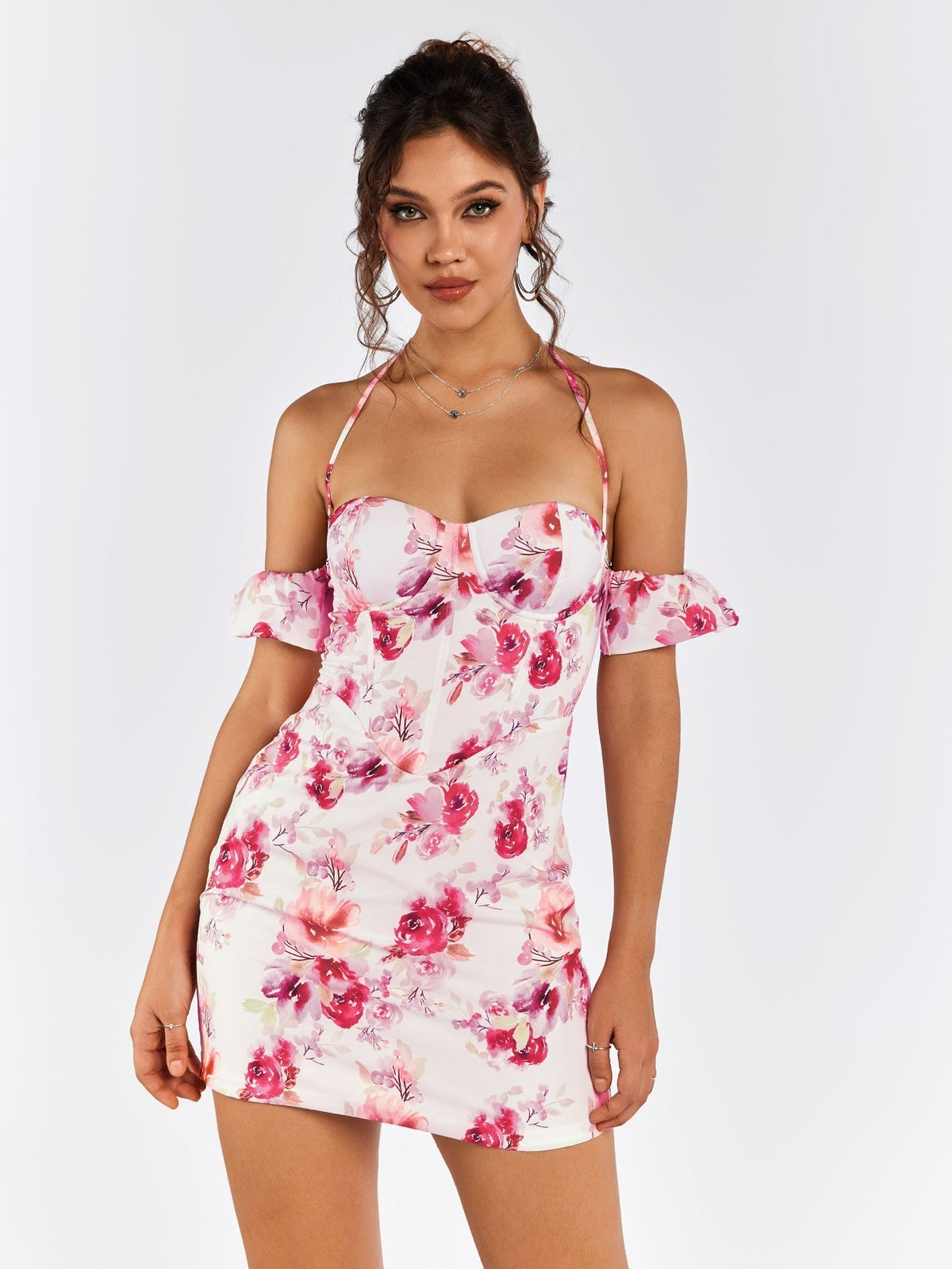 Floral Off Shoulder Sweetheart Ruffle Corset Bodycon Mini Dress