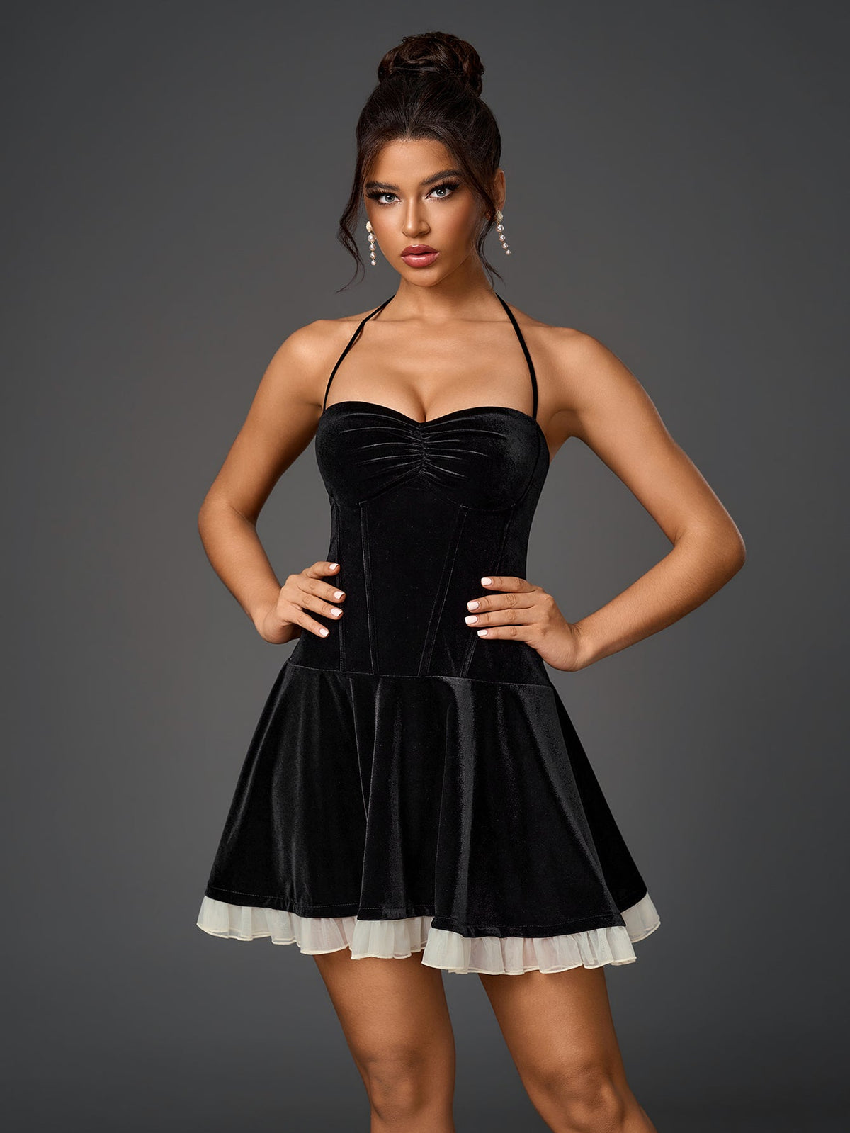 Velvet Halter Neck Ruched Bustier Fit and Flare Mini Dress - View 6
