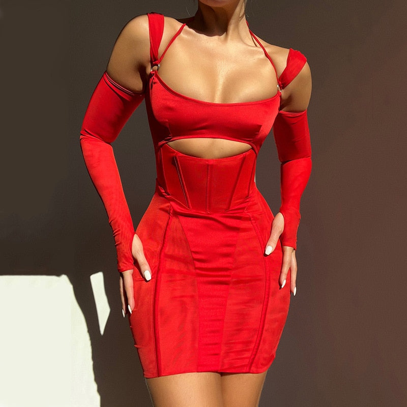 Satin Scoop Neck Corset Cutout Bodycon Mini Dress
