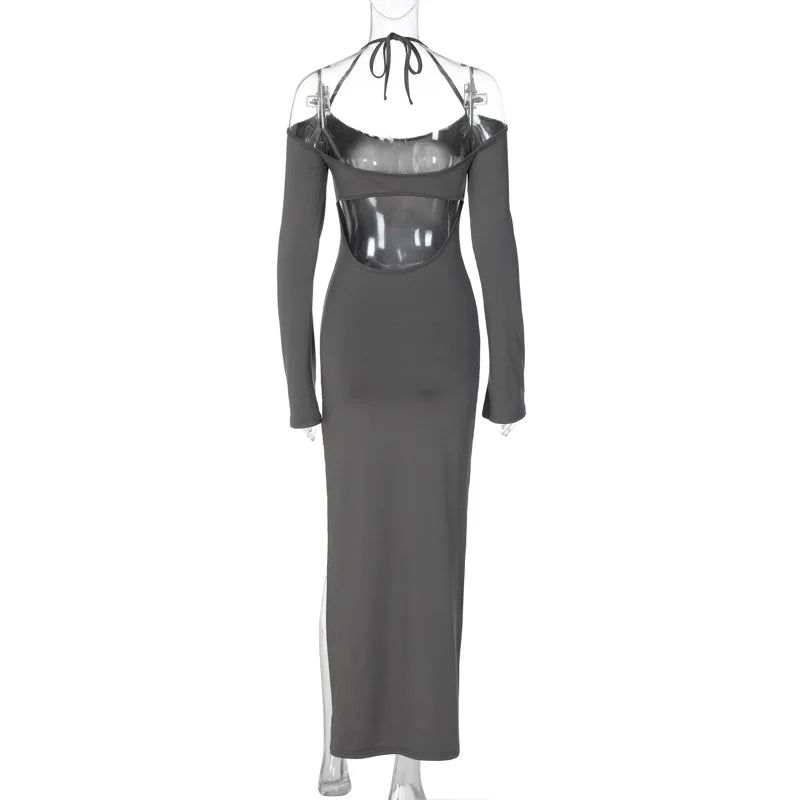 Halter Cold-Shoulder Long-Sleeve High-Slit Maxi Dress 6