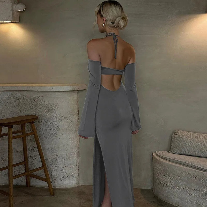 Cold Shoulder Halter Long Sleeve High Split Maxi Dress 4