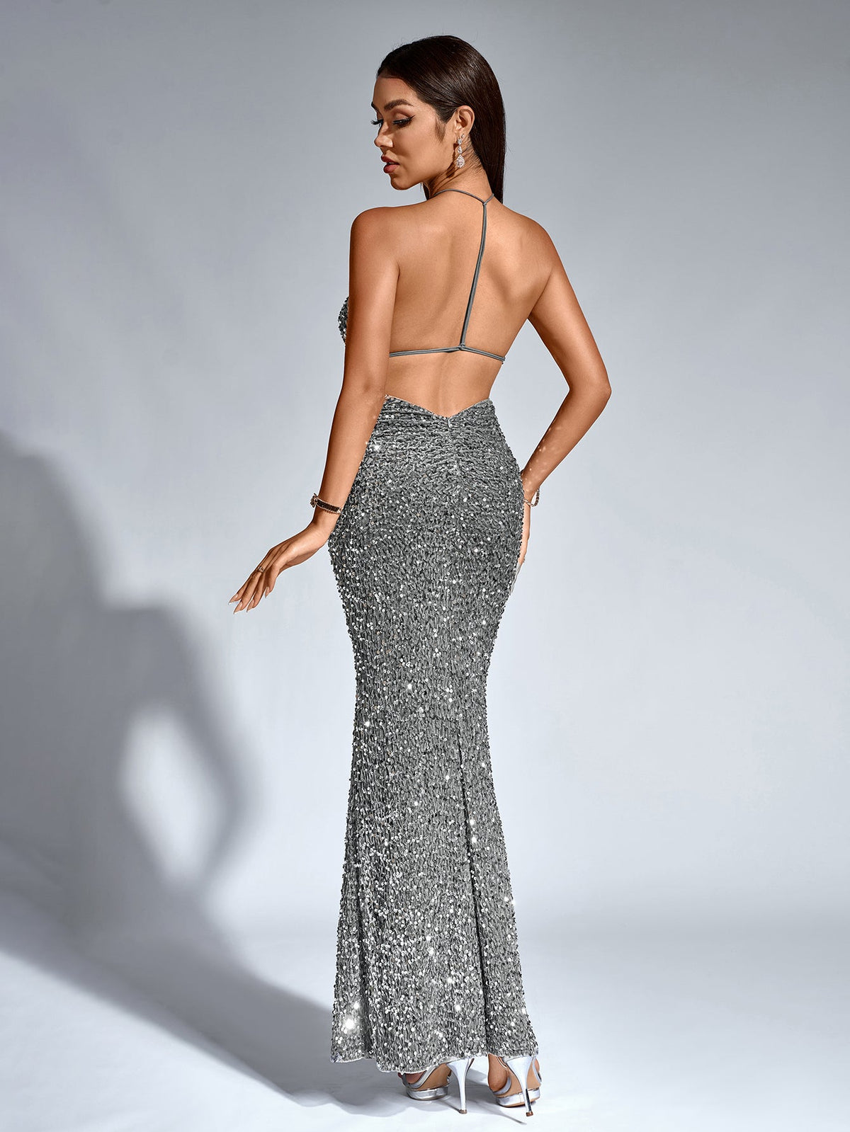 Sequin Halter Neck Rosette Mermaid Maxi Dress - View 2