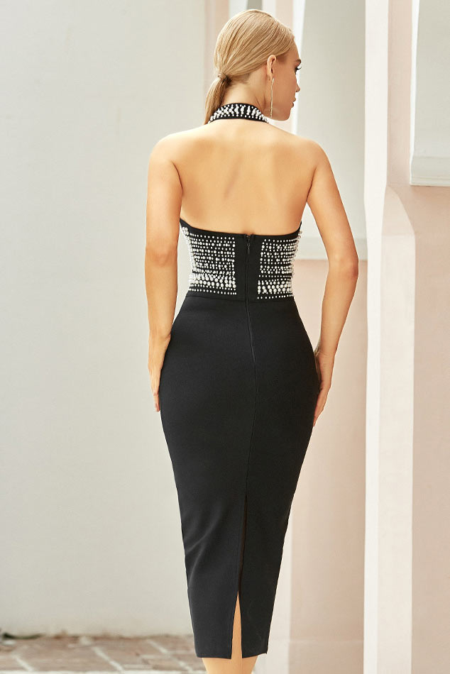 Rhinestone Halter Neck Bodycon Pencil Midi Dress
