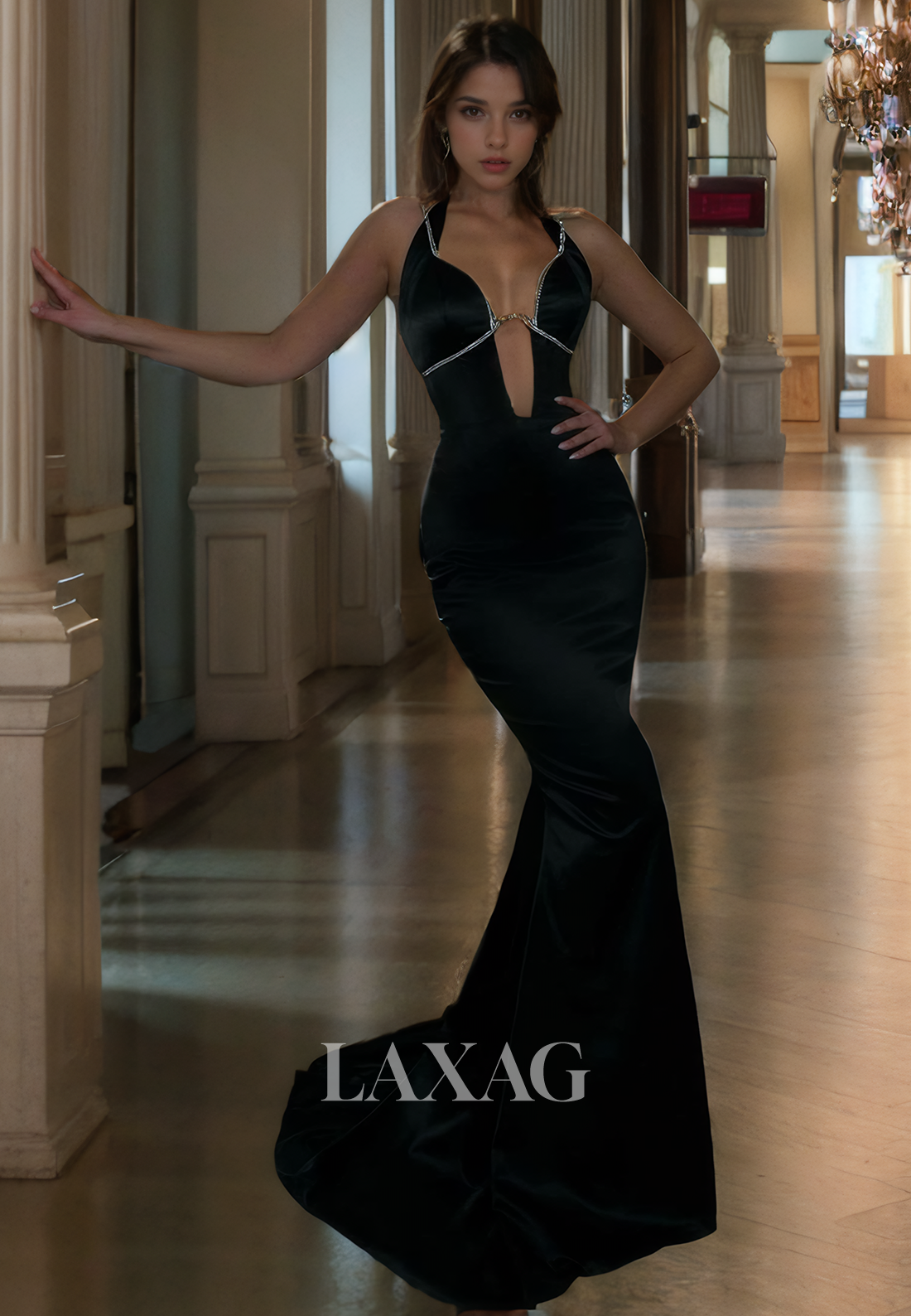 Black Deep V-Neck Satin Sheath Prom Evening Dress - Fashionpara