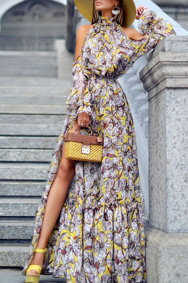 Halter Off Shoulder Slit Printed Maxi Dress - Mislish