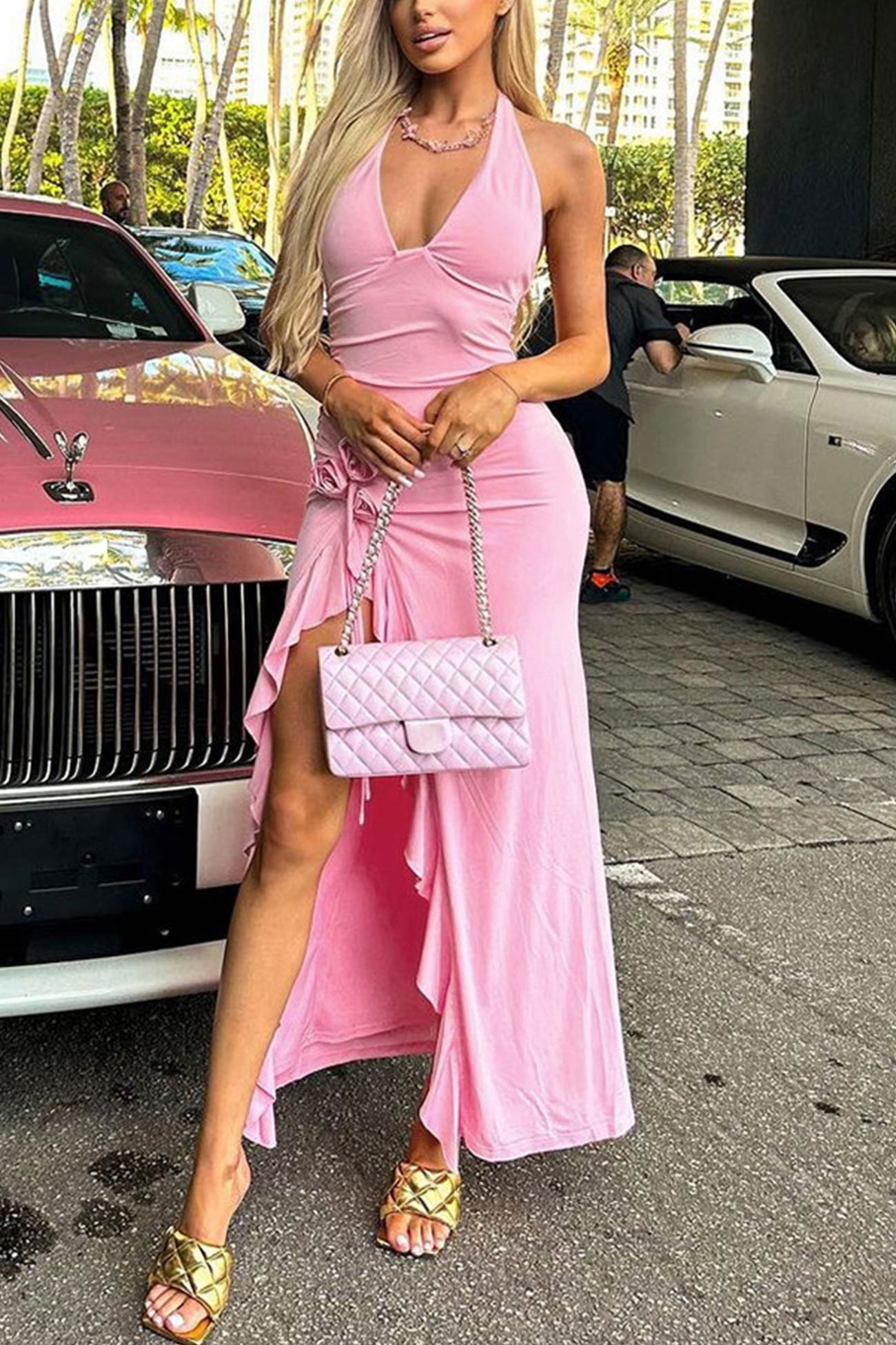 Halterneck Floral Ruffle Hem Midi Dress